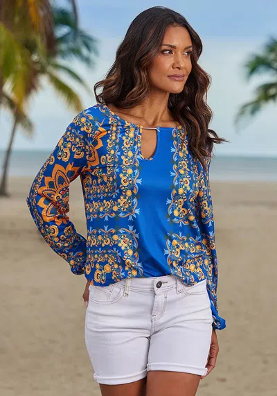 Lascana Women's Printed Keyhole Top In Blue