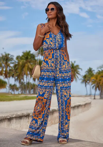 Lascana Women's Printed V-neck Jumpsuit In Blue