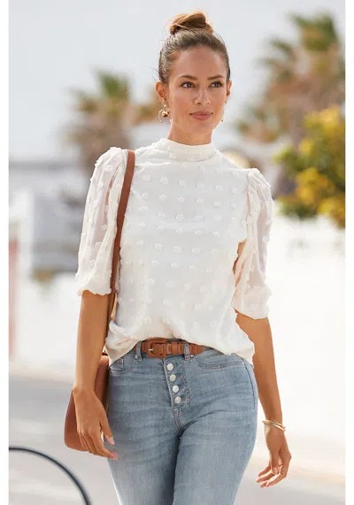 Lascana Women's Puff Sleeve Button Down Blouse In White