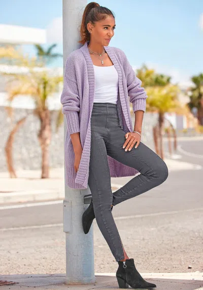 Lascana Women's Ribbed Hem Long Cardigan In Purple