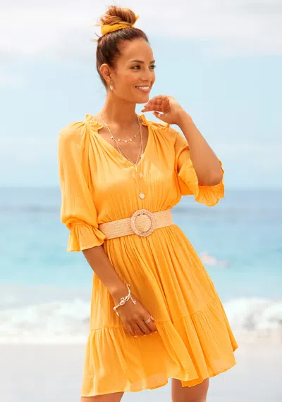 Lascana Women's Ruffle 3/4 Sleeve Dress In Yellow