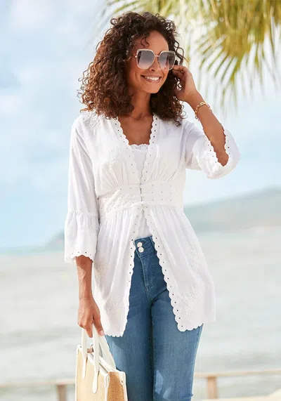 Lascana Women's Scalloped Crochet Detail Blouse In White
