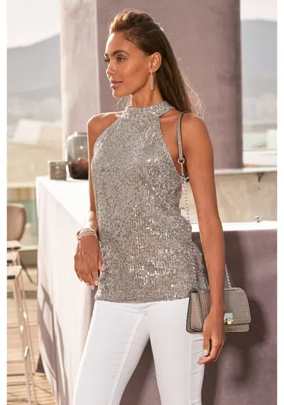 Lascana Women's Sequin Halter Top In Silver