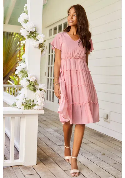 Lascana Women's Short Sleeve Tiered Dress In Pink