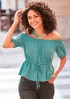 Lascana Women's Smocked Off Shoulder Top In Green