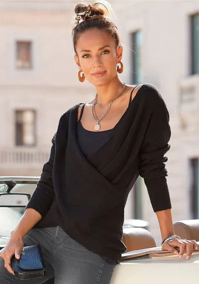 Lascana Women's V-neck Crossover Sweater In Black