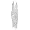 Lassyvn Women's Silver Crystal Stone Tassel Halter V Neck Dress In Silver