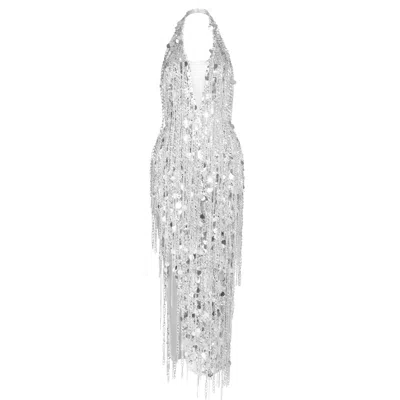 Lassyvn Women's Silver Crystal Stone Tassel Halter V Neck Dress In Metallic