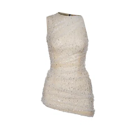 Lassyvn Women's White / Gold Mesh Sequin Mini Dress In White/gold