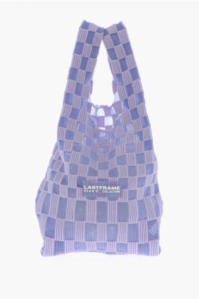 Last Frame Checked Knitted Tote Bag With Faux Leather Shoulder Strap In Purple