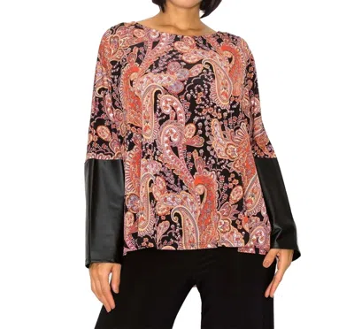 Last Tango Paisley Dolman Leather Sleeve Top With Back Zipper In Red/black In Multi