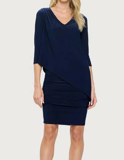 Last Tango Sleeved 2 Layer V-neck W/ Bottom Ruching Dress In Navy