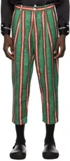 Late Checkout Green Stripe Print Cotton Trousers In Green