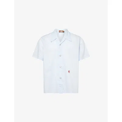 Late Checkout Mens Embroidered-branding Cotton-poplin Shirt Ice Blue Xl