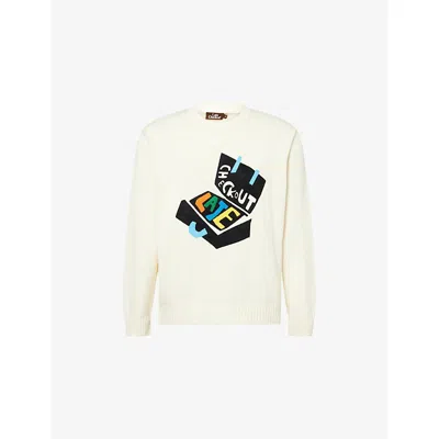 Late Checkout Mens Suitcase Embroidered-branding Cotton-knit Jumper White