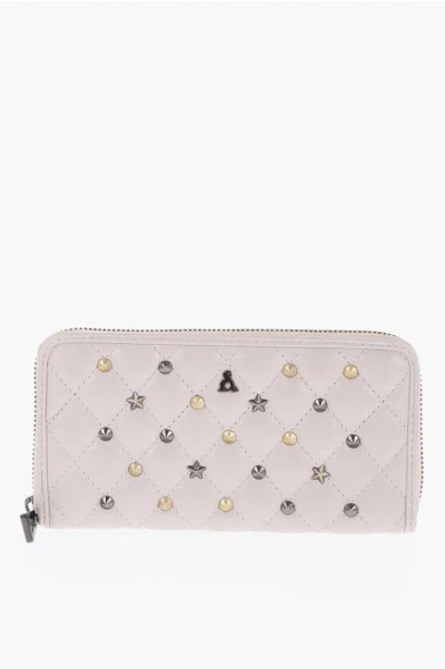 L'atelier Du Sac Rebel Goldy Quilted Faux Leather Fleur Wallet With Studs In Neutral