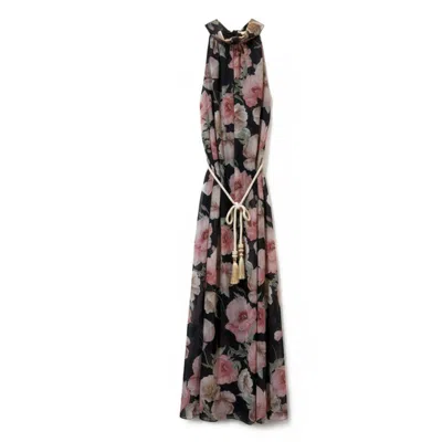 Latelier London Women's Black Floral Pleated Halter Neck Maxi Dress