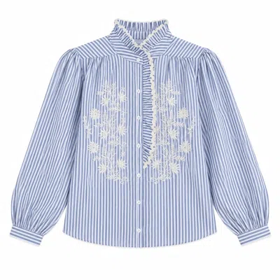 Latelier London Women's Blue & White Embroidered Stripe Blouse