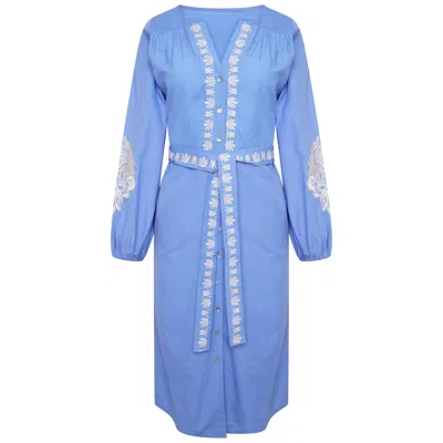 Latelier London Women's Blue Embroidered Midi Shirt Dress