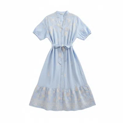 Latelier London Women's Blue Embroidered Shirt Midi Dress