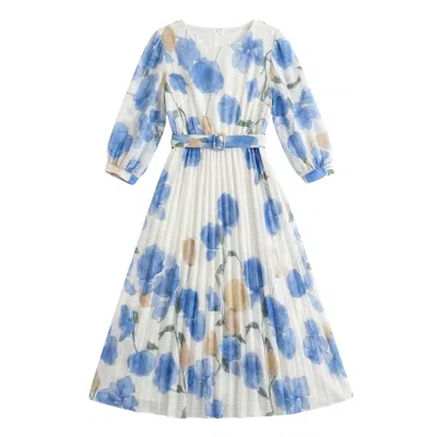 Latelier London Women's Blue Floral Pleated Midi Dress With Belt