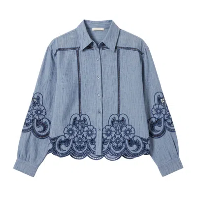 Latelier London Women's Blue Laser-cut Embroidered Cotton Shirt