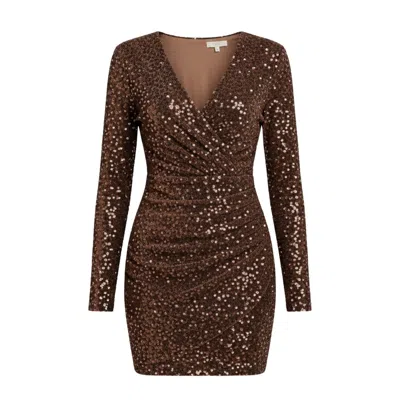 Latelier London Women's Chocolate Brown Sequin Ruched Wrap Short Dress