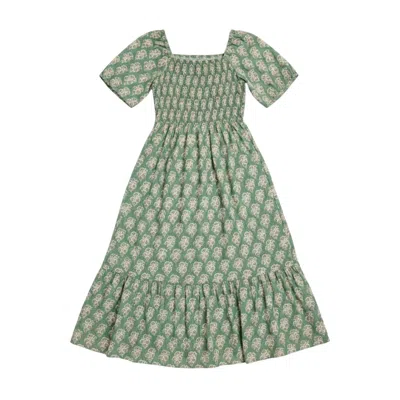 Latelier London Women's Green Block Print Smocked Cotton Midi Dress