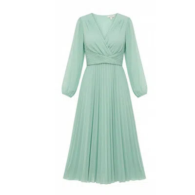 Latelier London Women's Green Midi Pleated Dress With Long Sleeves