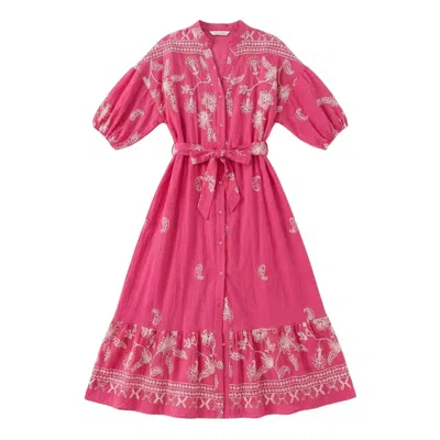 Latelier London Women's Pink Embroidered Boho Midi Shirt Dress