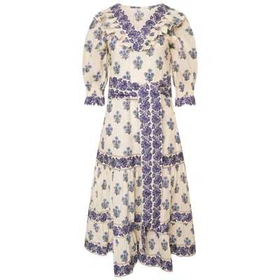 Latelier London Women's White Blue Floral Block Print Cotton Midi Dress