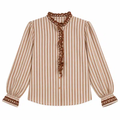 Latelier London Women's White / Brown Cream & Beige Striped Embroidered Blouse In White/brown