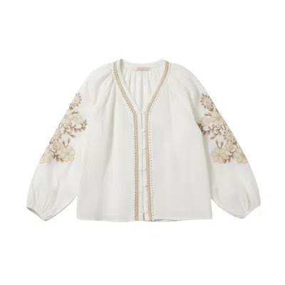 Latelier London Women's White Cotton Blouse With Embroidered Sleeves
