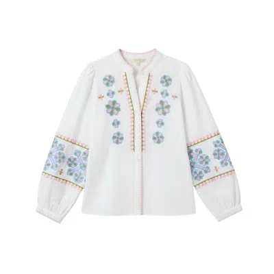 Latelier London Women's White Embroidered Sleeve Cotton Shirt