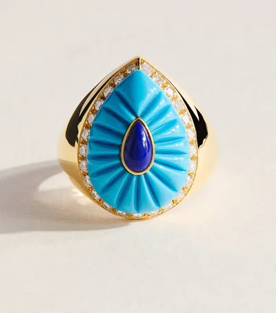 L'atelier Nawbar Yellow Gold And Diamond Bond Street Pinky Ring In Blue