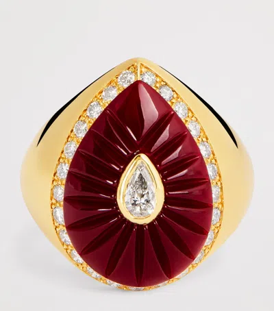 L'atelier Nawbar Yellow Gold, Diamond And Coral Bond Street Pinky Ring
