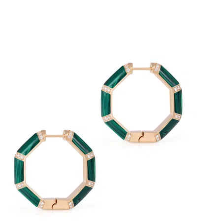L'atelier Nawbar Yellow Gold, Diamond And Malachite Amulet Of Light Hoop Earrings In Green