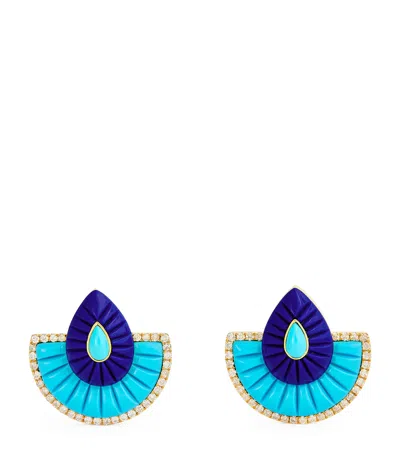 L'atelier Nawbar Yellow Gold, Lapis, Turquoise And Diamond Bond Fan Earrings In Blue