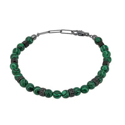 Latelita Silver / Green / Black Beaded Bracelet Men's Malachite Silver Oxidised