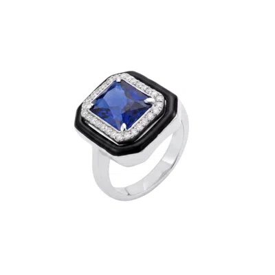 Latelita Women's Black / Blue / White Art Deco Sapphire & Enamel Cocktail Ring Silver In Black/blue/white