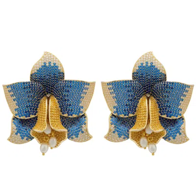 Latelita Women's Blue Daffodil With Pearls Earrings Gold Sapphire Cz