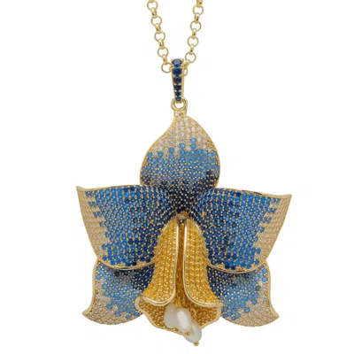 Latelita Women's Blue Daffodil With Pearls Pendant Necklace Gold Sapphire Cz