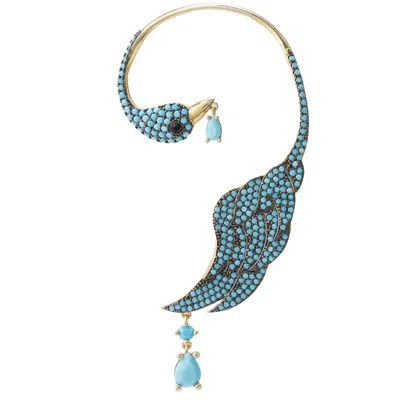 Latelita Women's Blue / Gold / Silver Bird Of Paradise Ear Climber Turquoise Gold Left