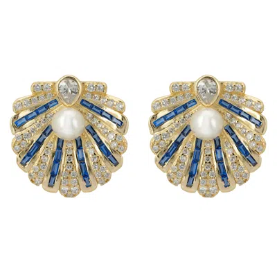 Latelita Women's Blue / Gold / White Art Deco Scallop Shell Earrings Sapphire Blue With Pearl Gold In Multi