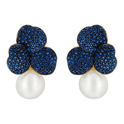 Latelita Women's Blue / Gold / White Iris Flower And Pearl Dangle Earrings Sapphire Gold In Multi