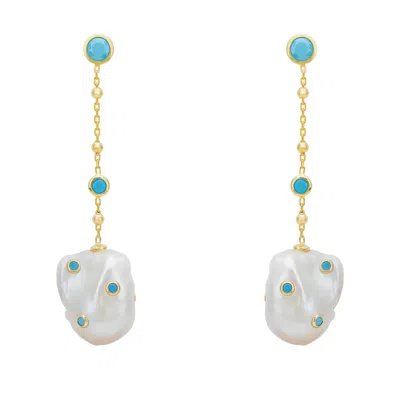 Latelita Women's Blue / Gold / White Polka Dot Baroque Pearl Chain Drop Earrings Gold Turquoise In Multi