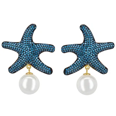 Latelita Women's Blue / Gold / White Starfish Pearl Drop Earrings Blue Topaz Cz Gold In Multi