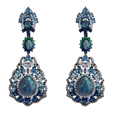 Latelita Women's Blue / Green / Black Mariana Green Opal Drop Earrings Oxidised In Multi