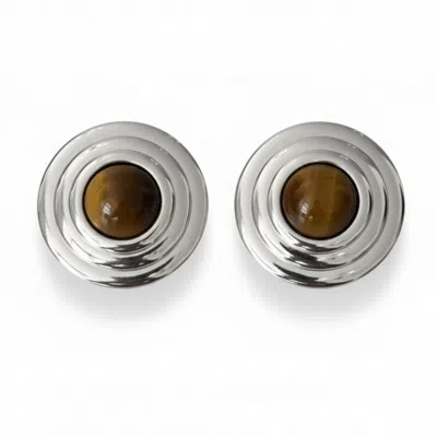 Latelita Women's Brown / Silver Como Large Round Stud Earrings Tigers Eye Silver In Multi