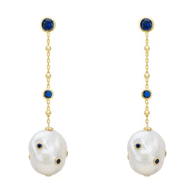 Latelita Women's Gold / Blue / White Polka Dot Baroque Pearl Chain Drop Earrings Gold Sapphire In Multi